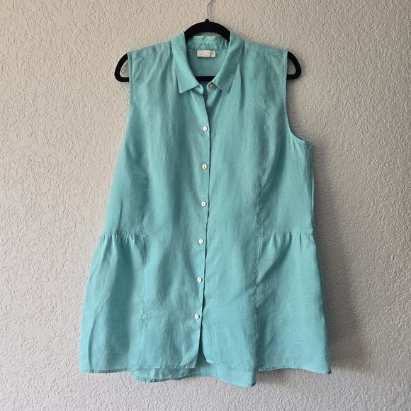 J Jill L love linen‎ Teal Boxy Button Up Tank Top Mother of Pearl - Picture 1 of 6